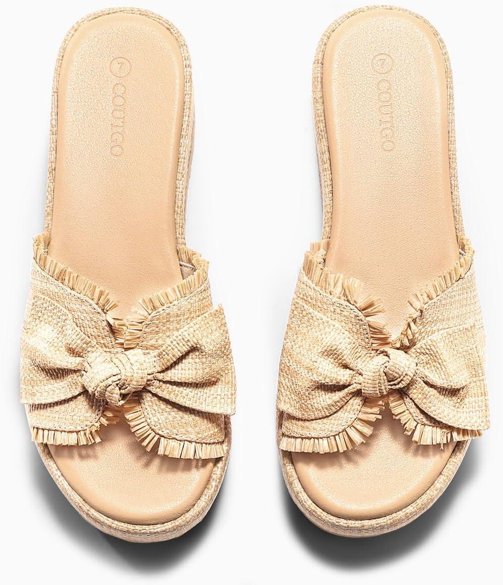 image:imageCoutgo Womens Platform Wedge Sandals Bow Open Toe Slide Sandals Straw Slip On Summer Beach ShoesKhaki