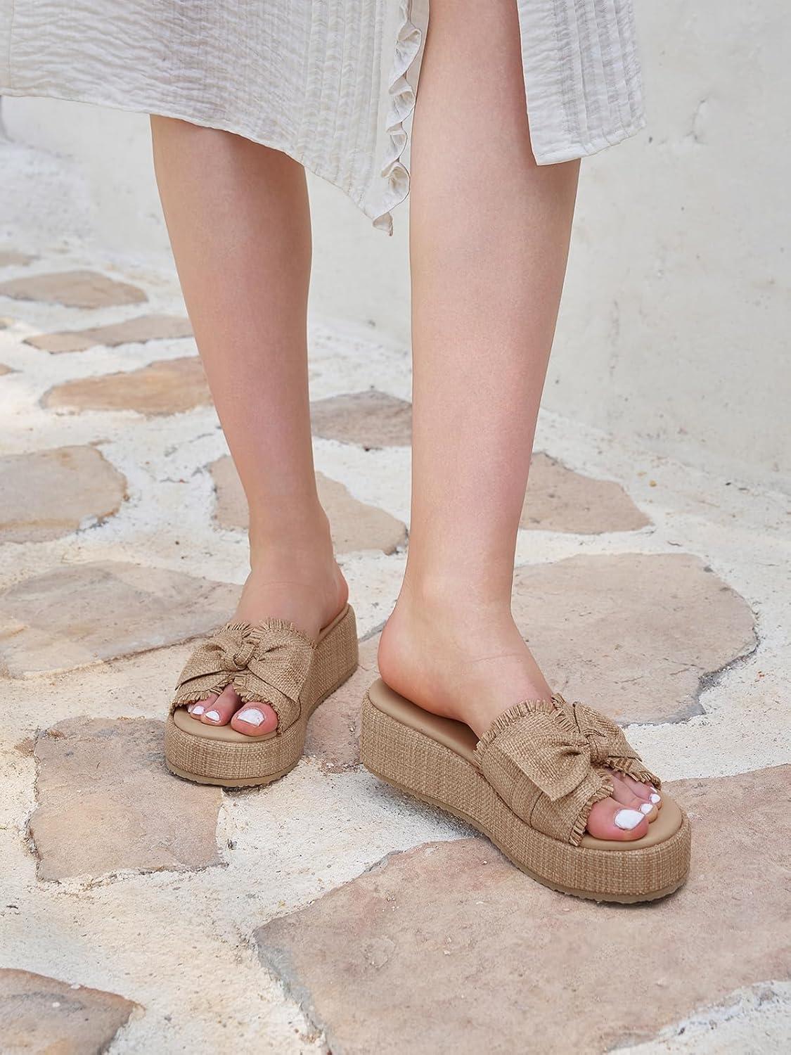 image:imageCoutgo Womens Platform Wedge Sandals Bow Open Toe Slide Sandals Straw Slip On Summer Beach ShoesLight Coffee