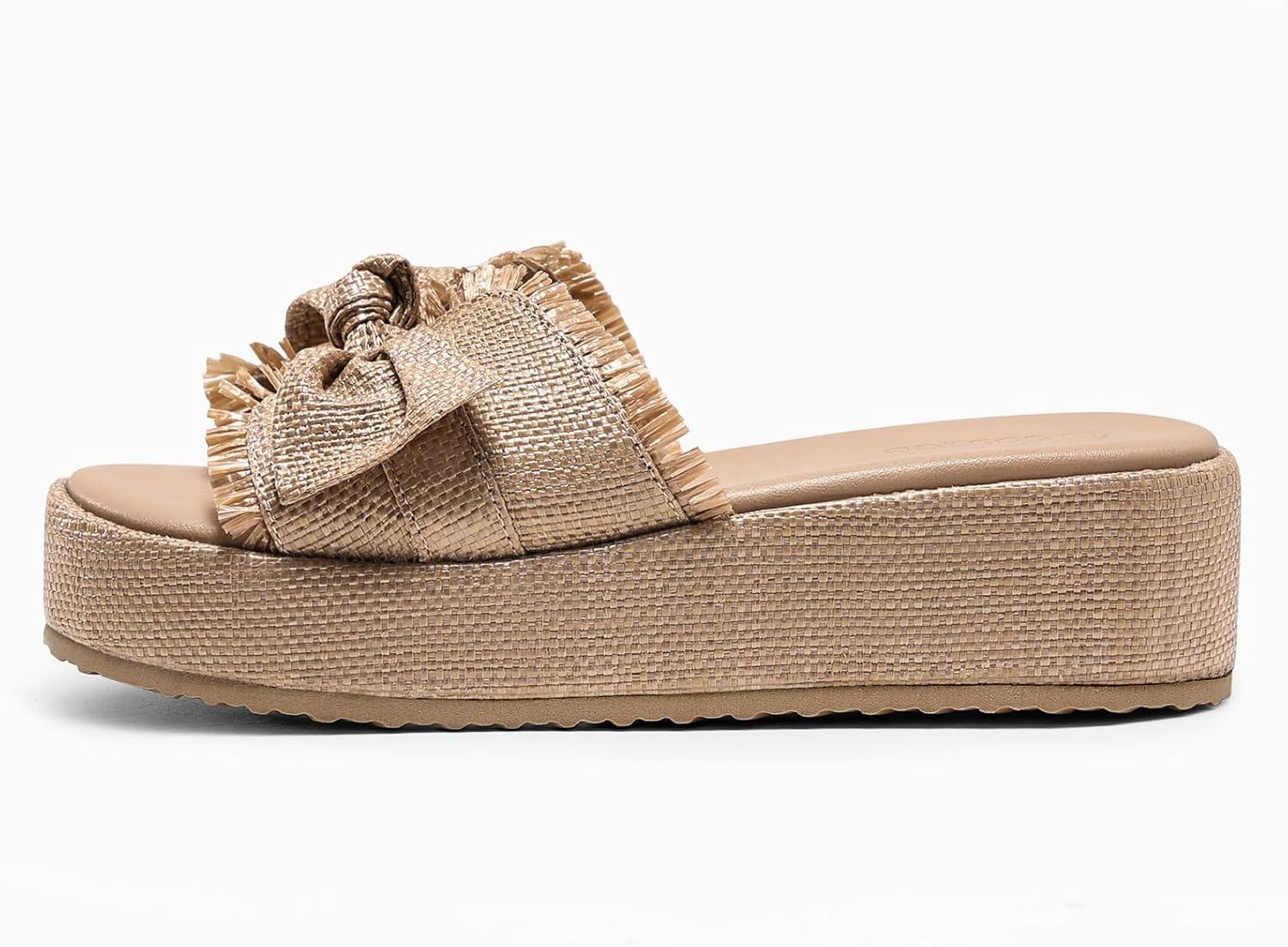 image:imageCoutgo Womens Platform Wedge Sandals Bow Open Toe Slide Sandals Straw Slip On Summer Beach ShoesLight Coffee