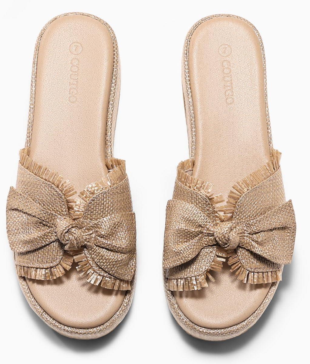 image:imageCoutgo Womens Platform Wedge Sandals Bow Open Toe Slide Sandals Straw Slip On Summer Beach ShoesLight Coffee