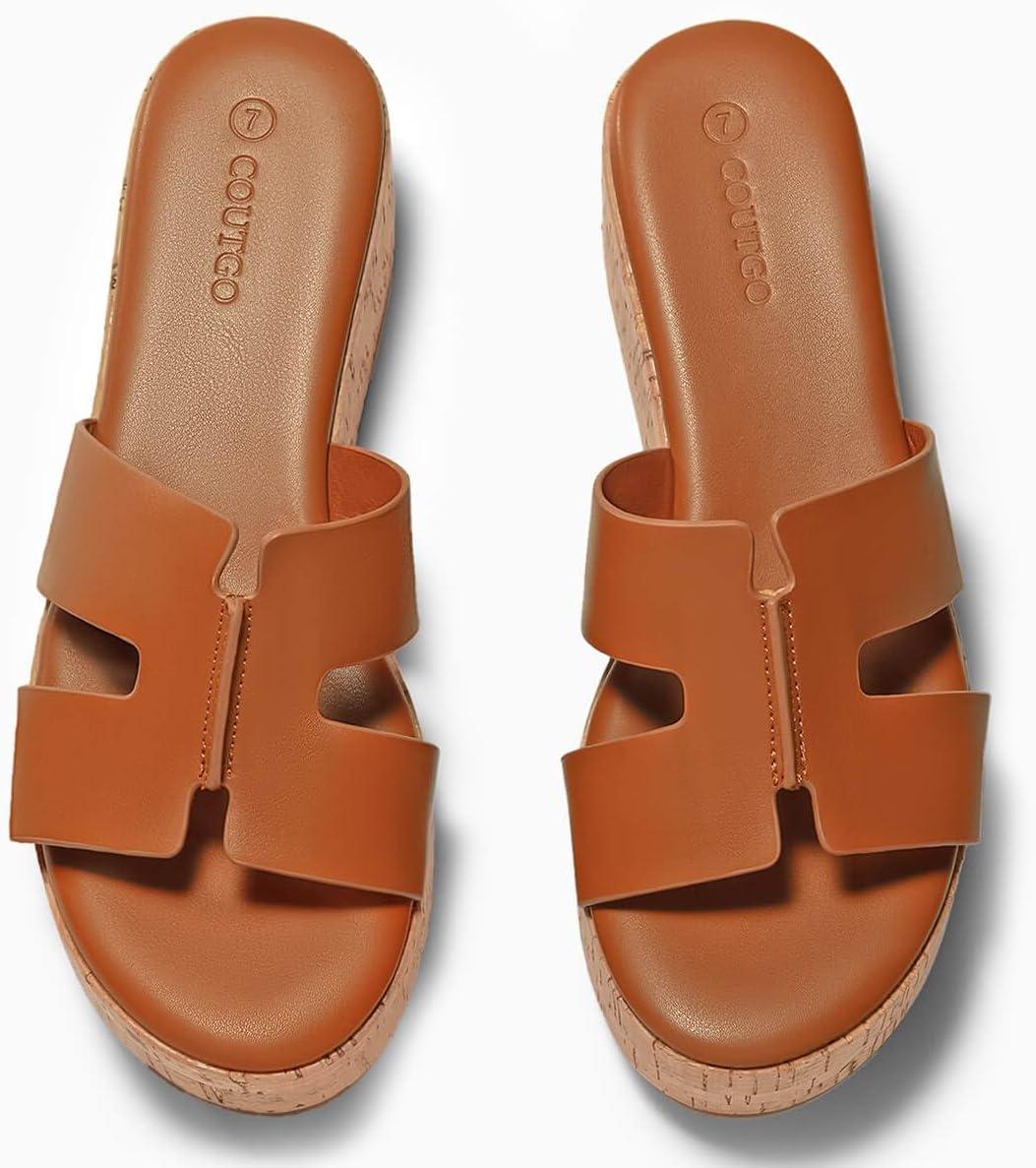 image:imageCoutgo Womens Platform Wedge Sandals Open Toe Slip On Slides Cork Heeled Cutout Comfortable Summer Shoes Brown Size 11