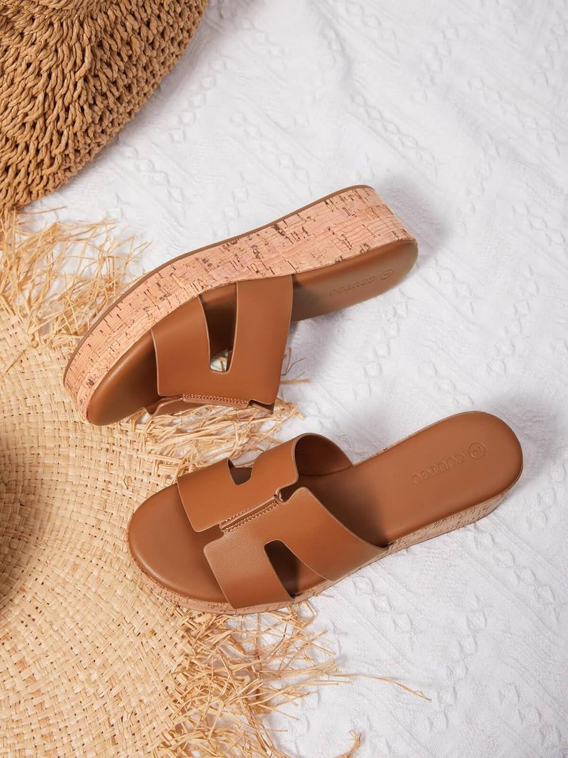 image:imageCoutgo Womens Platform Wedge Sandals Open Toe Slip On Slides Cork Heeled Cutout Comfortable Summer Shoes Brown Size 11