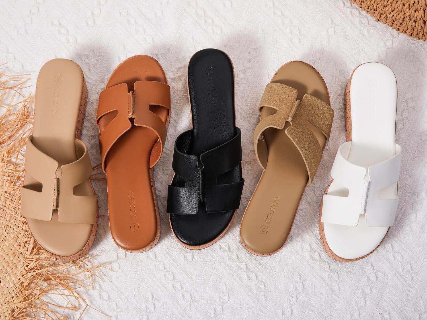 image:imageCoutgo Womens Platform Wedge Sandals Open Toe Slip On Slides Cork Heeled Cutout Comfortable Summer Shoes Brown Size 11