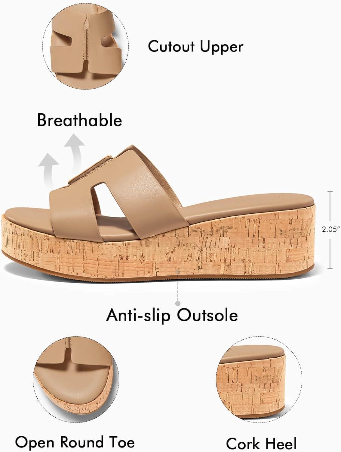 image:imageCoutgo Womens Platform Wedge Sandals Open Toe Slip On Slides Cork Heeled Cutout Comfortable Summer Shoes Khaki Size 8