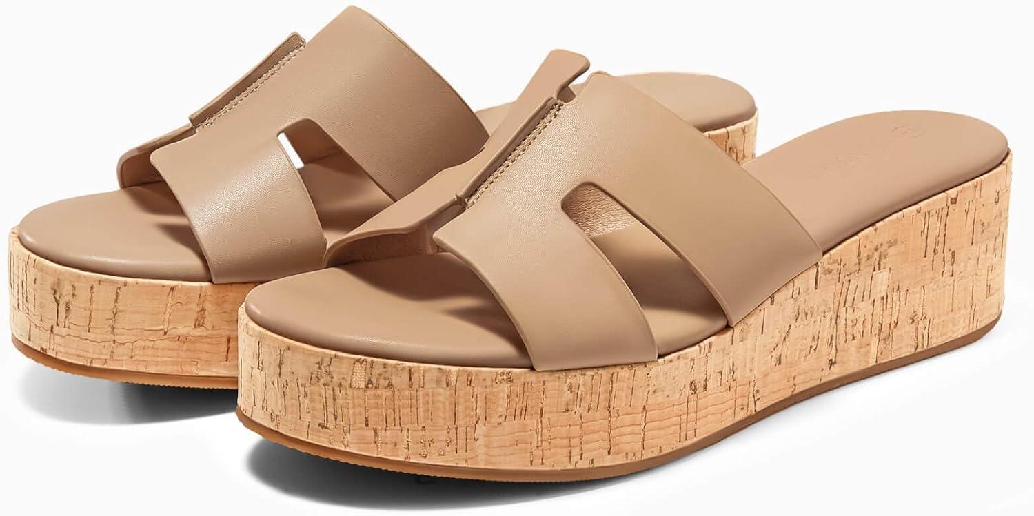 image:imageCoutgo Womens Platform Wedge Sandals Open Toe Slip On Slides Cork Heeled Cutout Comfortable Summer Shoes Khaki Size 8