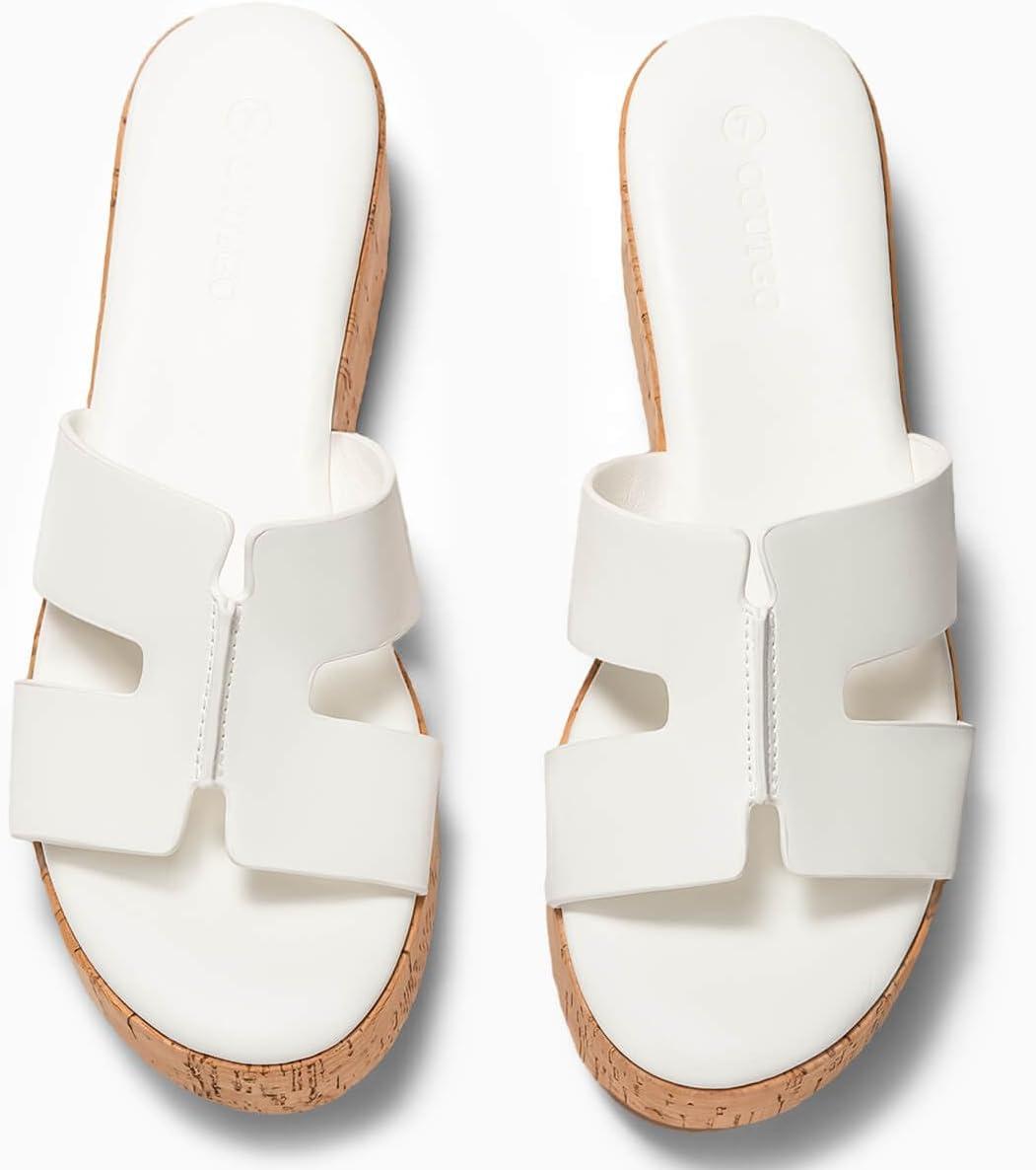 image:imageCoutgo Womens Platform Wedge Sandals Open Toe Slip On Slides Cork Heeled Cutout Comfortable Summer Shoes White Size 75