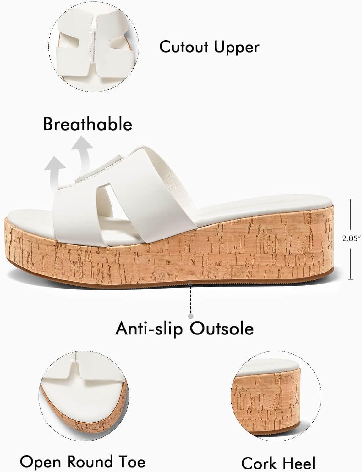 image:imageCoutgo Womens Platform Wedge Sandals Open Toe Slip On Slides Cork Heeled Cutout Comfortable Summer Shoes White Size 75