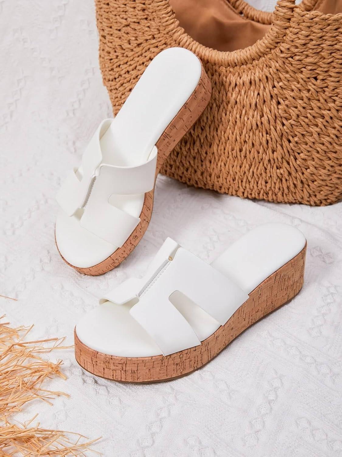image:imageCoutgo Womens Platform Wedge Sandals Open Toe Slip On Slides Cork Heeled Cutout Comfortable Summer Shoes White Size 75