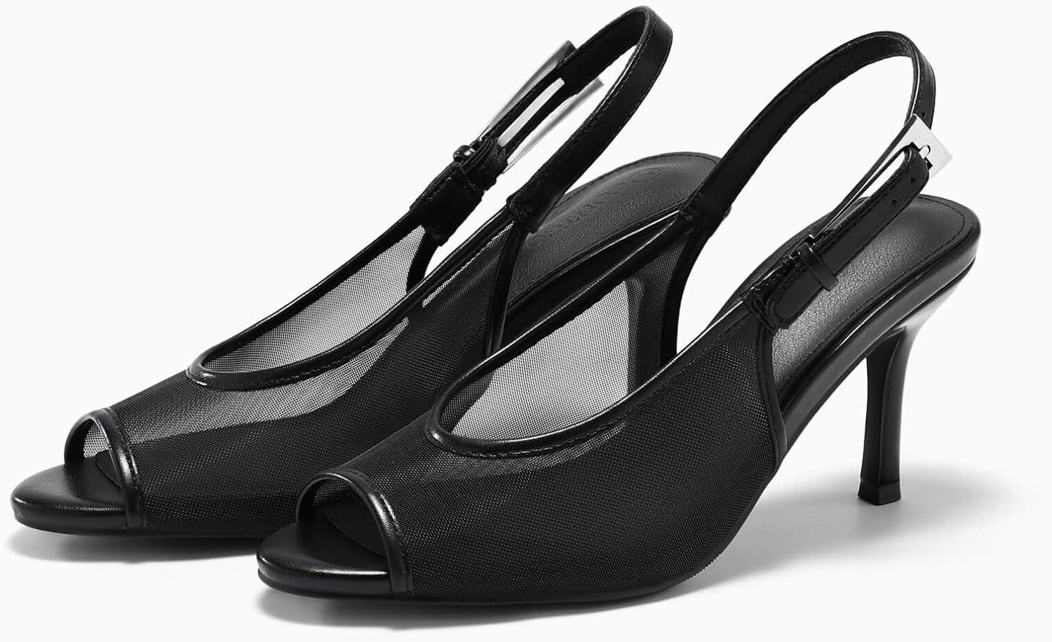 image:imageCoutgo Womens Slingback High Heels Open Peep Toe Mesh Sandals Buckle Wedding Party Dress ShoesBlack