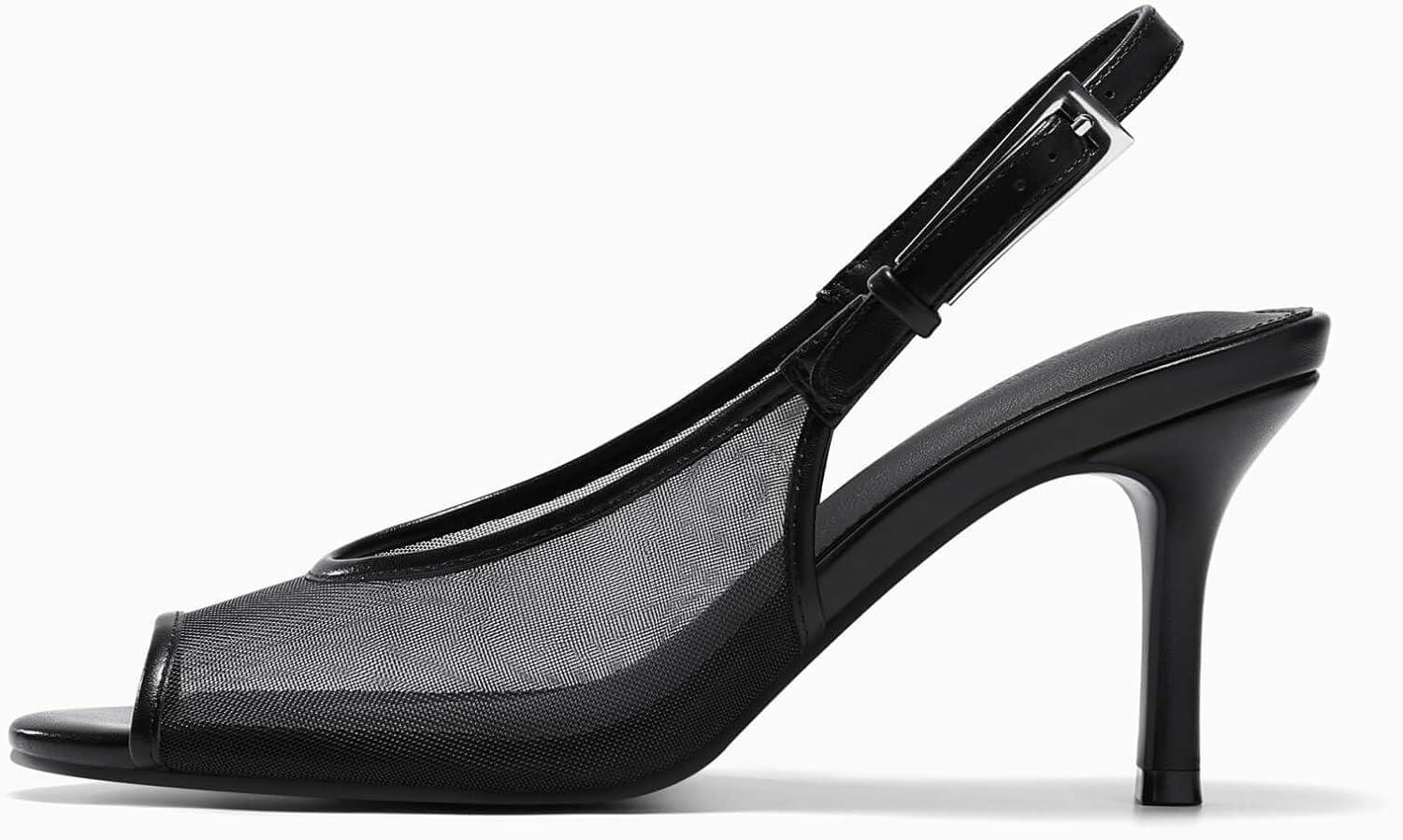 image:imageCoutgo Womens Slingback High Heels Open Peep Toe Mesh Sandals Buckle Wedding Party Dress ShoesBlack