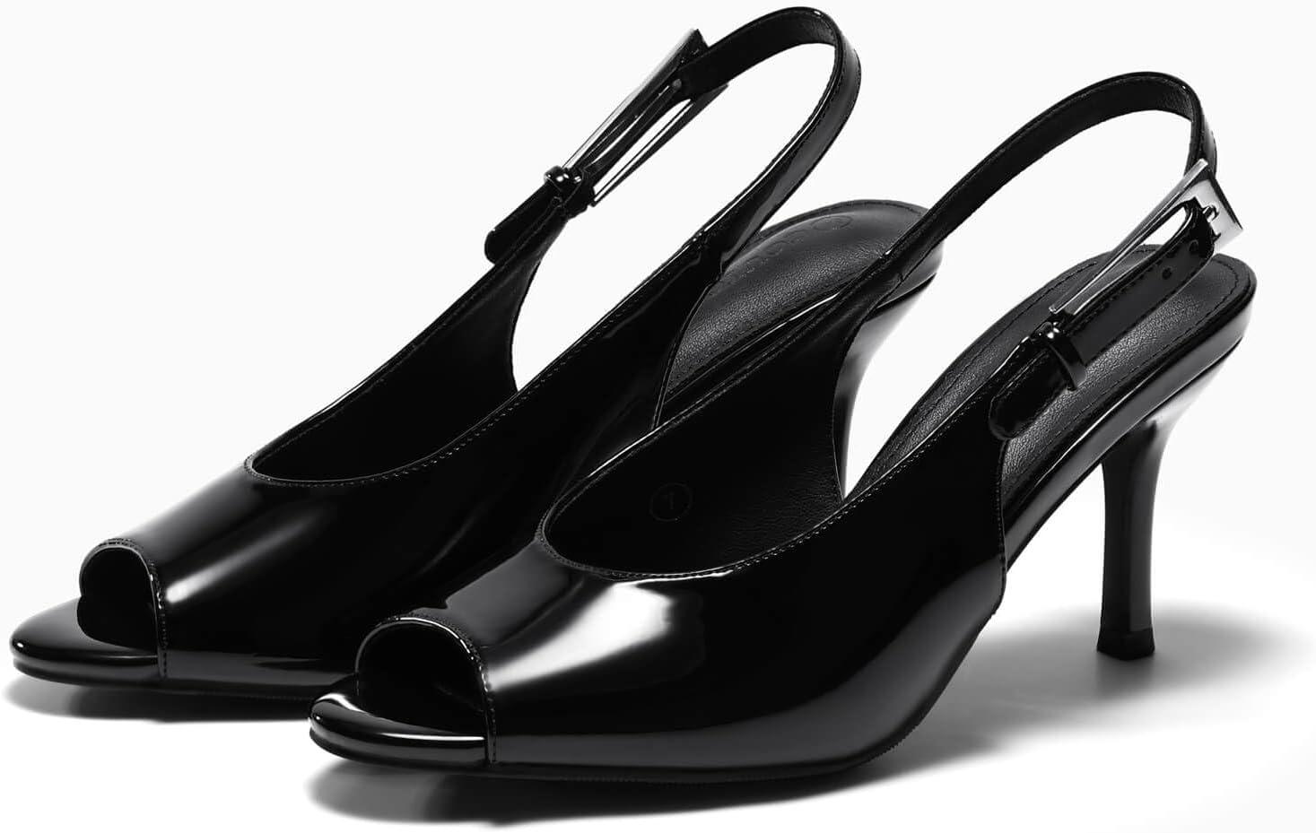 image:imageCoutgo Womens Slingback High Heels Open Peep Toe Mesh Sandals Buckle Wedding Party Dress ShoesBlack Patent Leather
