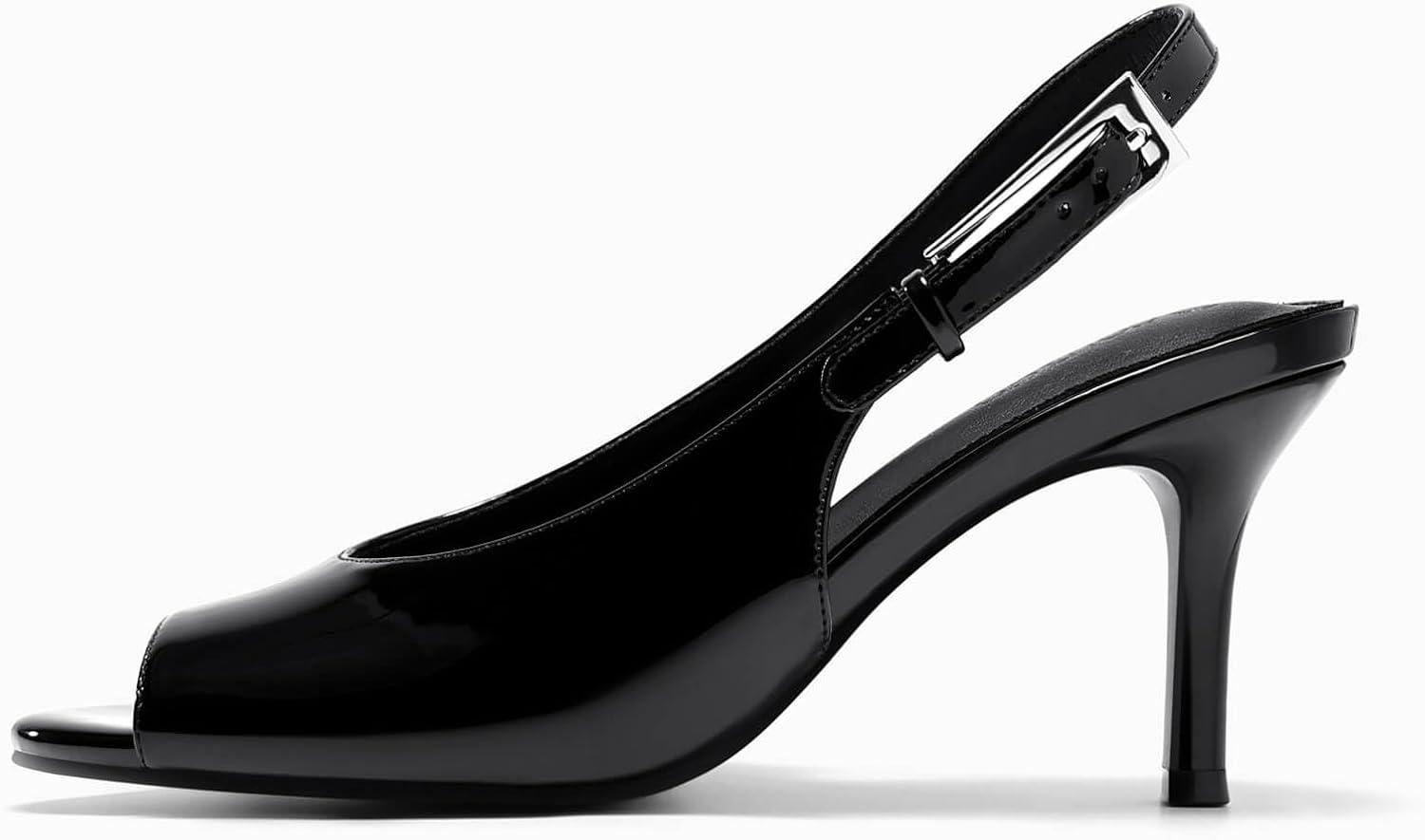 image:imageCoutgo Womens Slingback High Heels Open Peep Toe Mesh Sandals Buckle Wedding Party Dress ShoesBlack Patent Leather