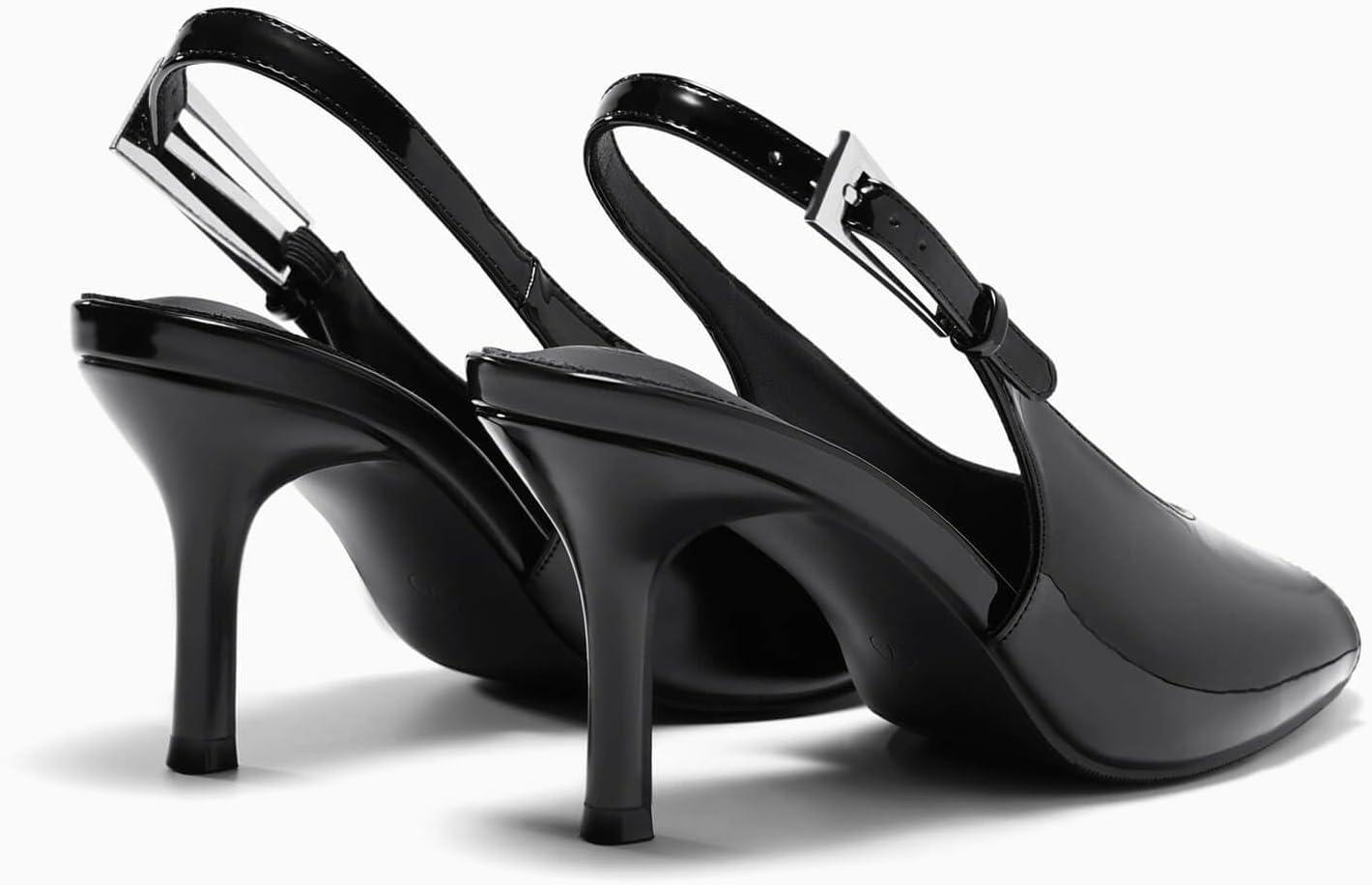 image:imageCoutgo Womens Slingback High Heels Open Peep Toe Mesh Sandals Buckle Wedding Party Dress ShoesBlack Patent Leather