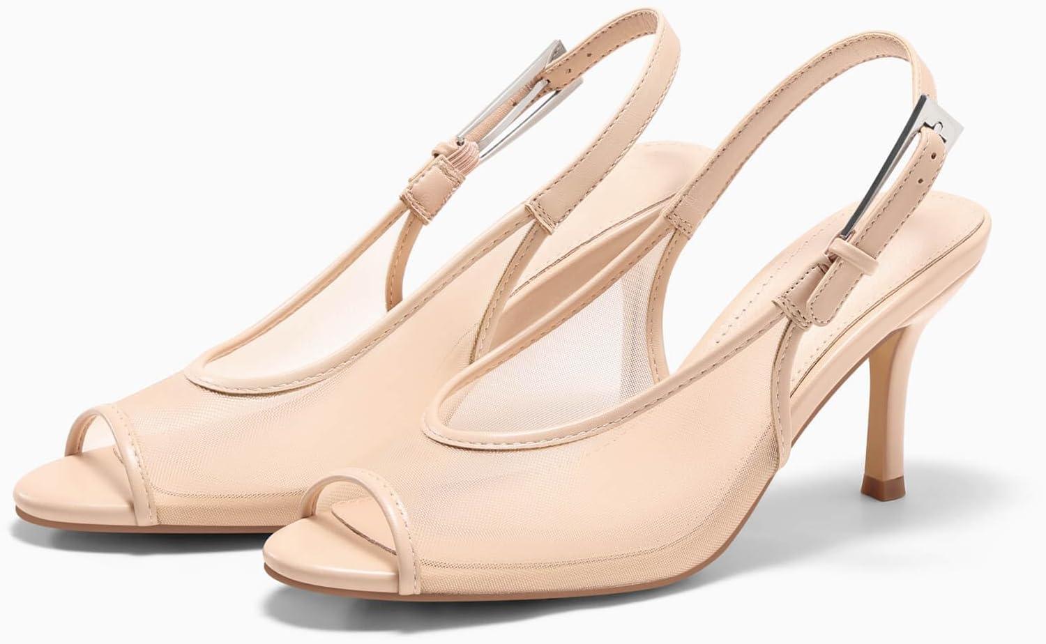 image:imageCoutgo Womens Slingback High Heels Open Peep Toe Mesh Sandals Buckle Wedding Party Dress ShoesKhaki