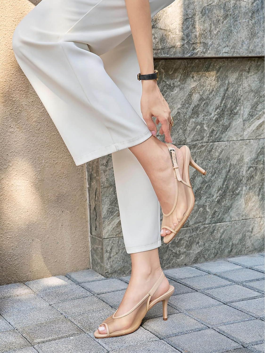 image:imageCoutgo Womens Slingback High Heels Open Peep Toe Mesh Sandals Buckle Wedding Party Dress ShoesKhaki
