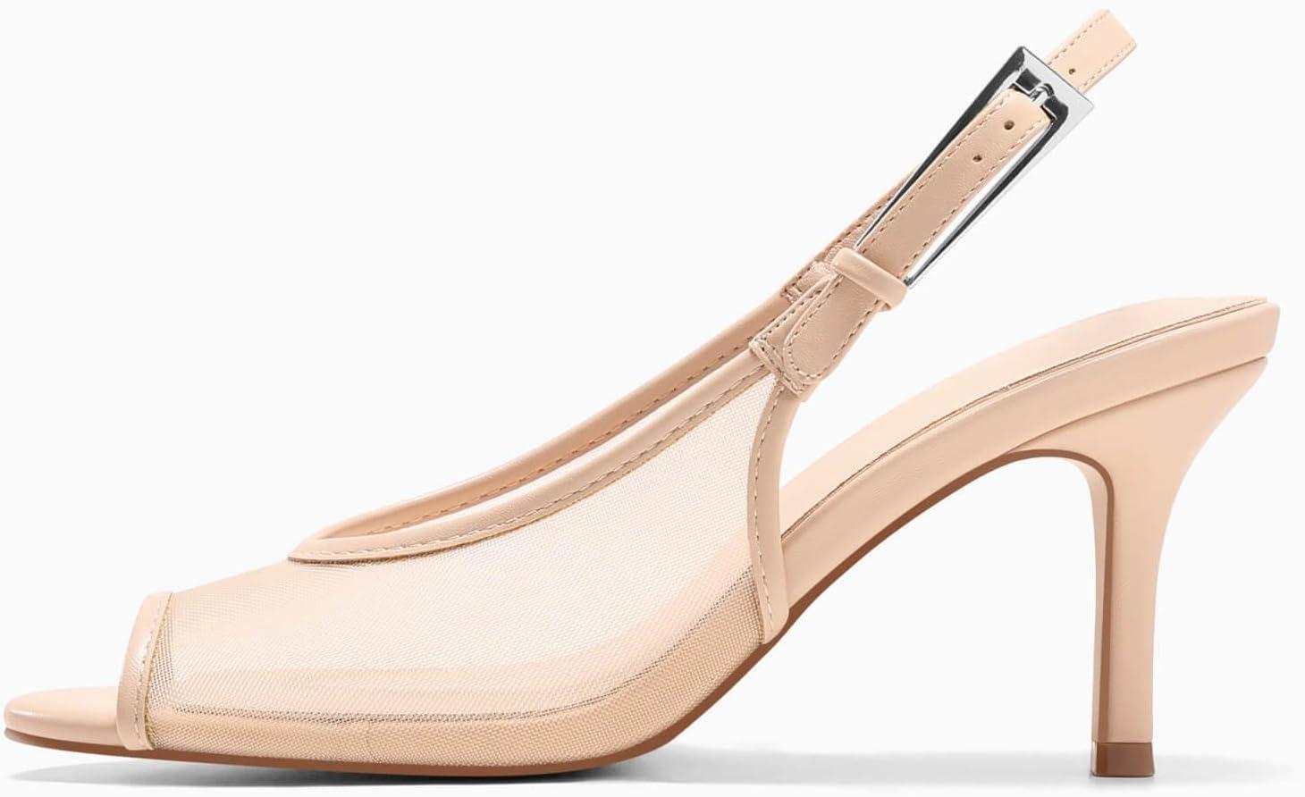image:imageCoutgo Womens Slingback High Heels Open Peep Toe Mesh Sandals Buckle Wedding Party Dress ShoesKhaki
