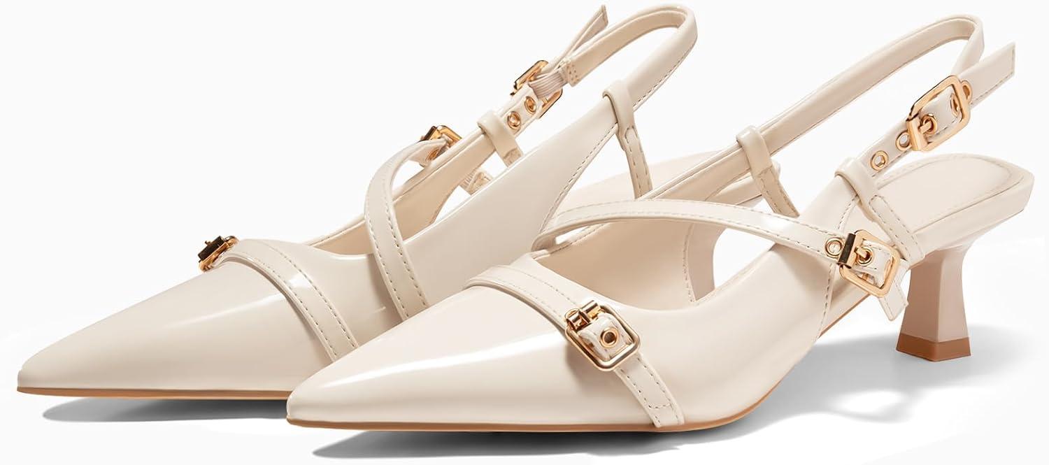 image:imageCoutgo Womens Slingback Kitten Heel Pointed Toe PumpsBeige