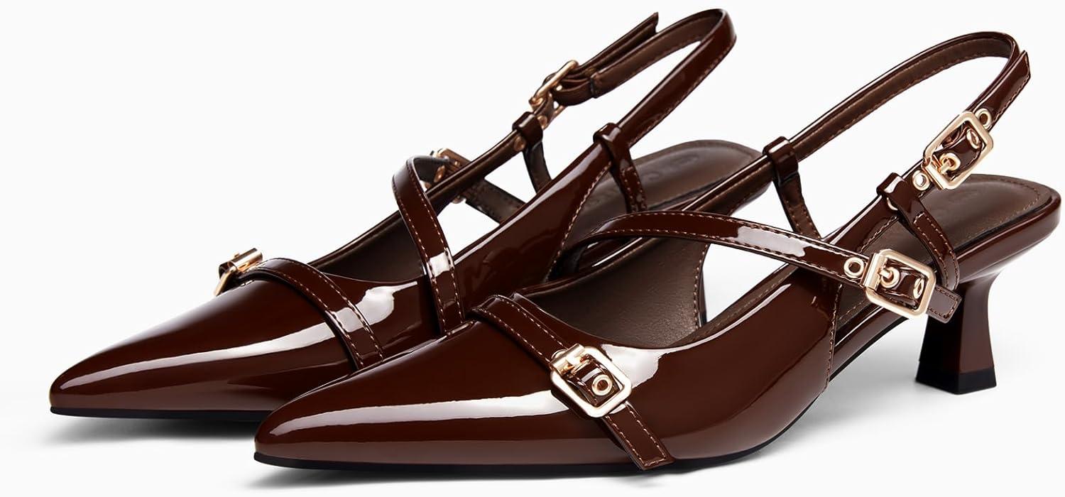 image:imageCoutgo Womens Slingback Kitten Heel Pointed Toe PumpsDark Brown