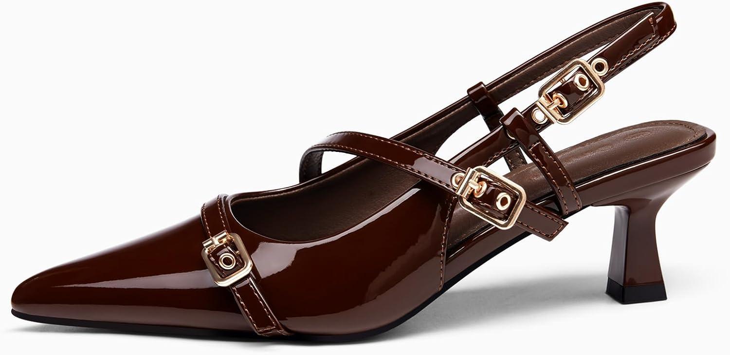 image:imageCoutgo Womens Slingback Kitten Heel Pointed Toe PumpsDark Brown