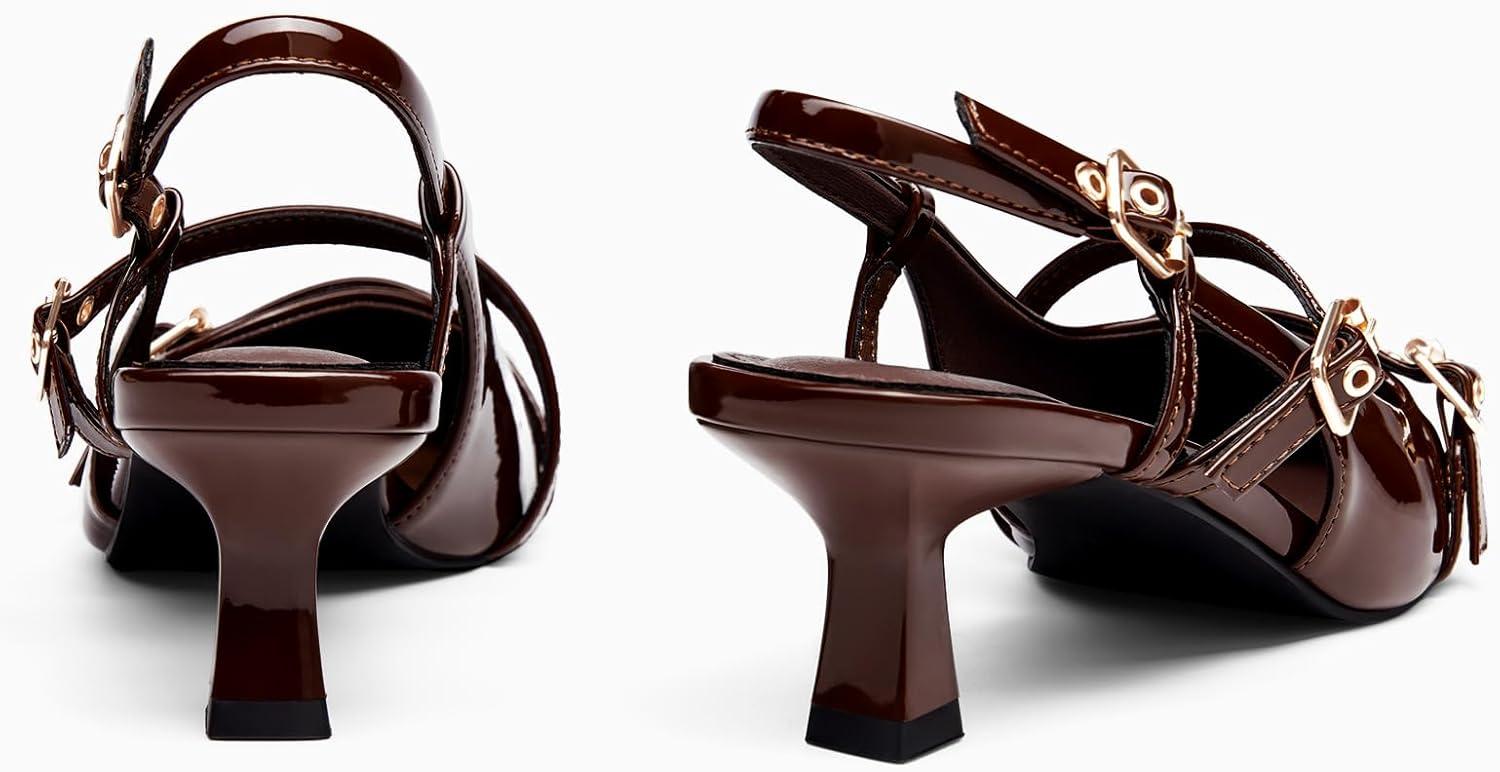 image:imageCoutgo Womens Slingback Kitten Heel Pointed Toe PumpsDark Brown