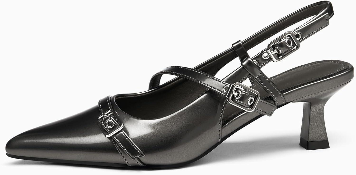 image:imageCoutgo Womens Slingback Kitten Heel Pointed Toe PumpsDark Grey