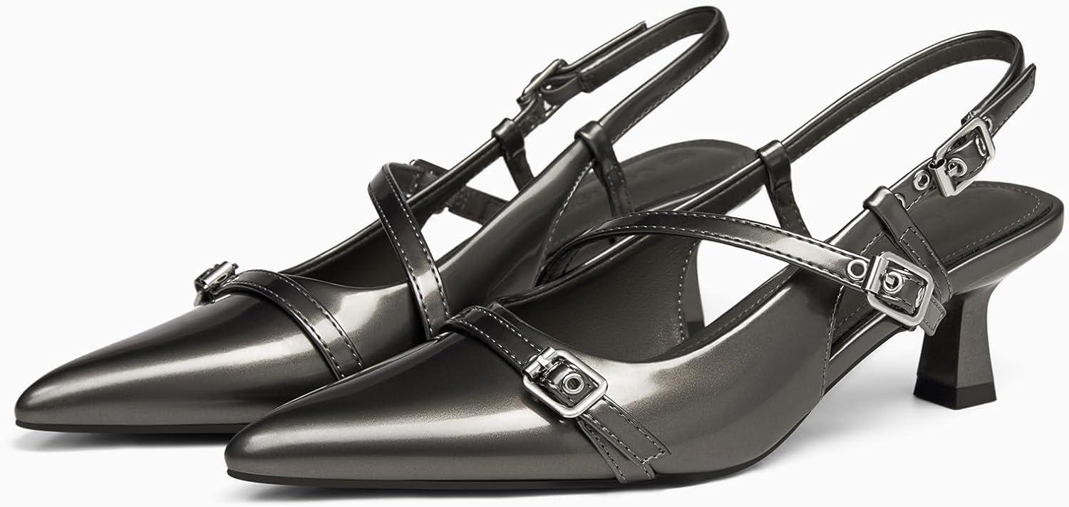 image:imageCoutgo Womens Slingback Kitten Heel Pointed Toe PumpsDark Grey