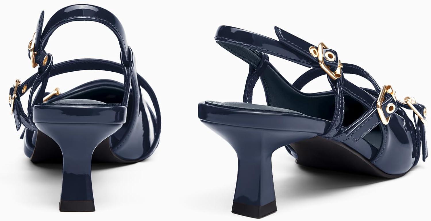 image:imageCoutgo Womens Slingback Kitten Heel Pointed Toe PumpsNavy
