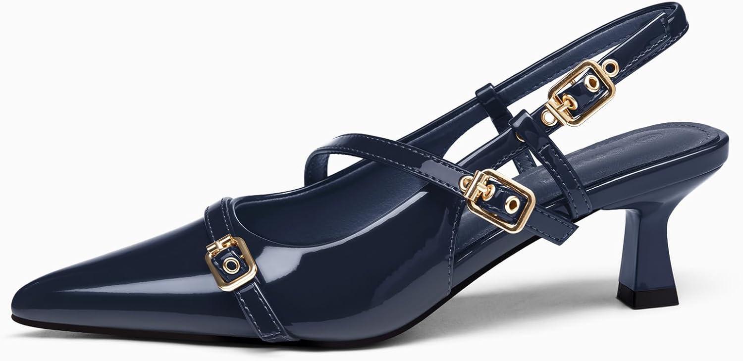image:imageCoutgo Womens Slingback Kitten Heel Pointed Toe PumpsNavy