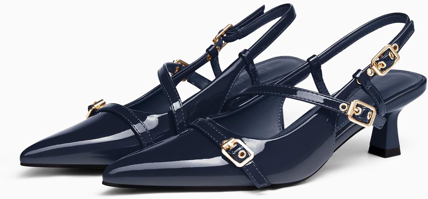 image:imageCoutgo Womens Slingback Kitten Heel Pointed Toe PumpsNavy