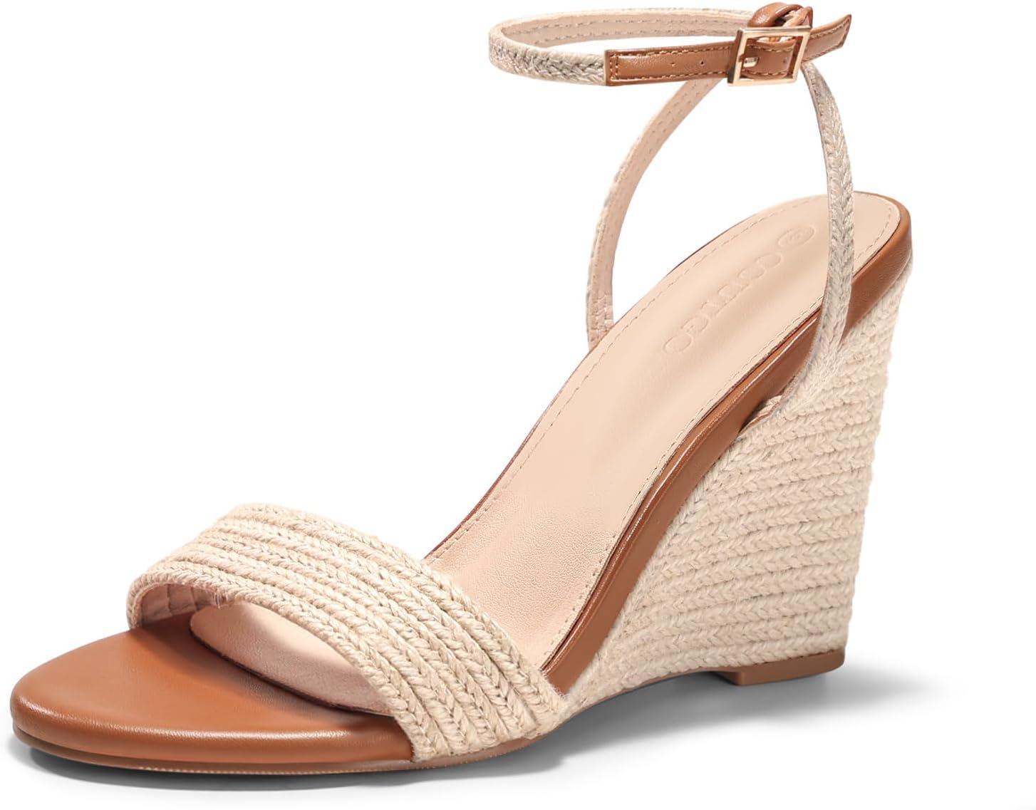 image:imageCoutgo Womens Wedges Heels Sandals Espadrilles Raffia Open Toe Ankle Strap Straw Summer Beach ShoesBraided Beige