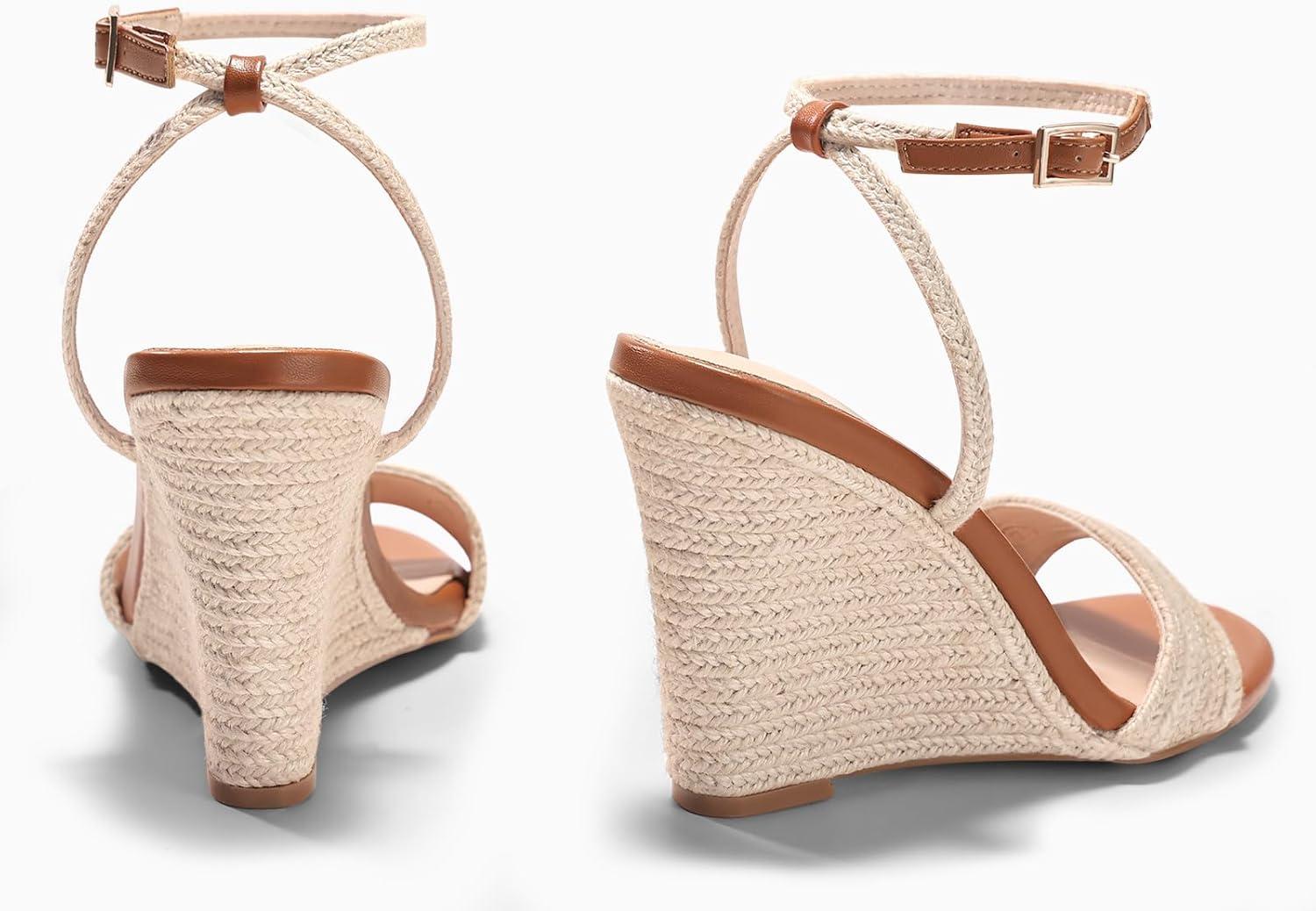 image:imageCoutgo Womens Wedges Heels Sandals Espadrilles Raffia Open Toe Ankle Strap Straw Summer Beach ShoesBraided Beige