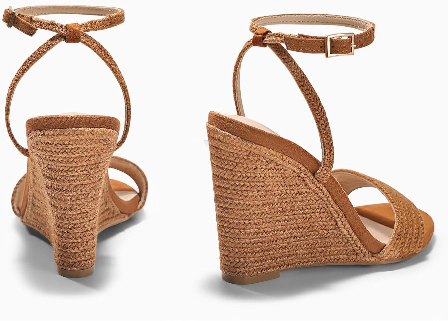 image:imageCoutgo Womens Wedges Heels Sandals Espadrilles Raffia Open Toe Ankle Strap Straw Summer Beach ShoesBraided Brown