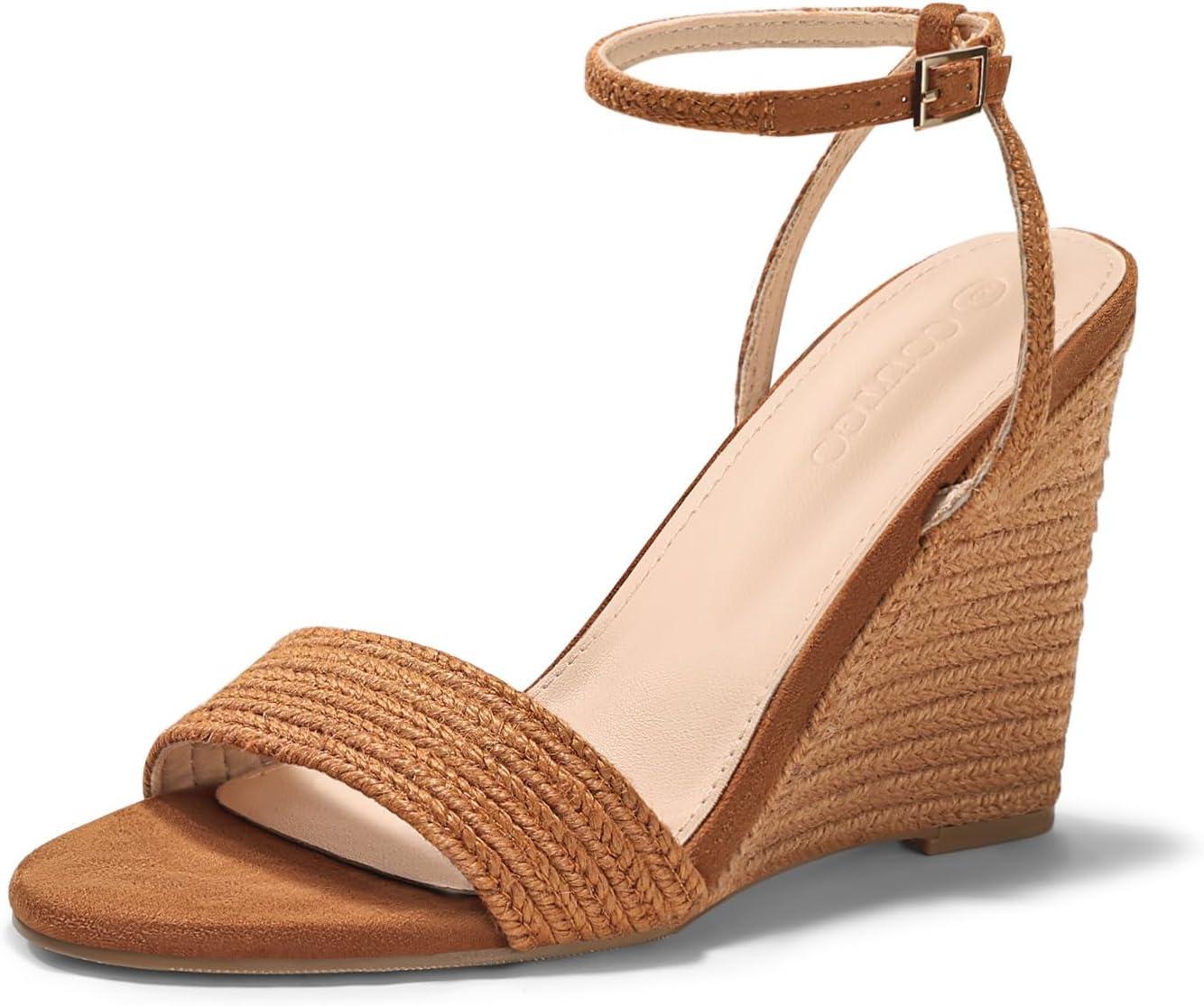 image:imageCoutgo Womens Wedges Heels Sandals Espadrilles Raffia Open Toe Ankle Strap Straw Summer Beach ShoesBraided Brown