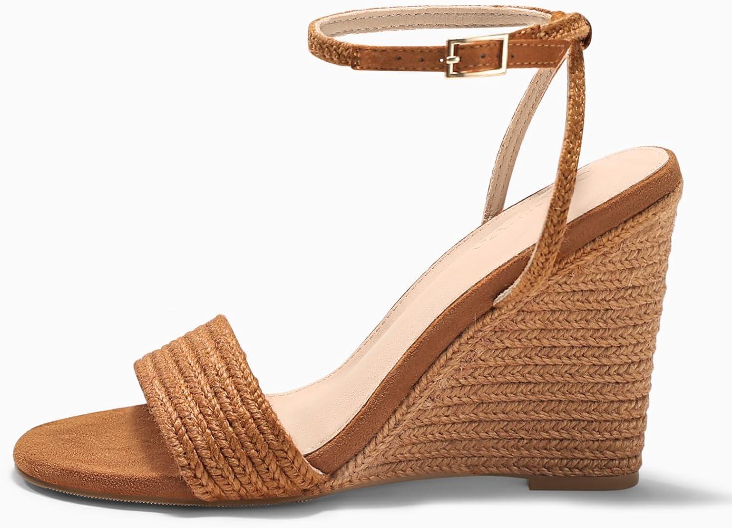image:imageCoutgo Womens Wedges Heels Sandals Espadrilles Raffia Open Toe Ankle Strap Straw Summer Beach ShoesBraided Brown
