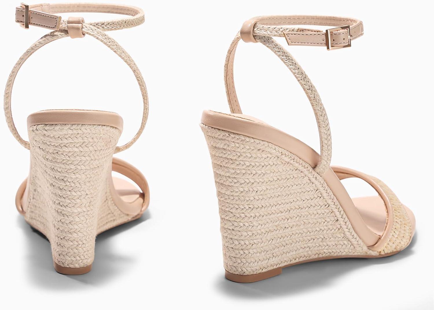 image:imageCoutgo Womens Wedges Heels Sandals Espadrilles Raffia Open Toe Ankle Strap Straw Summer Beach ShoesRaffia Khaki