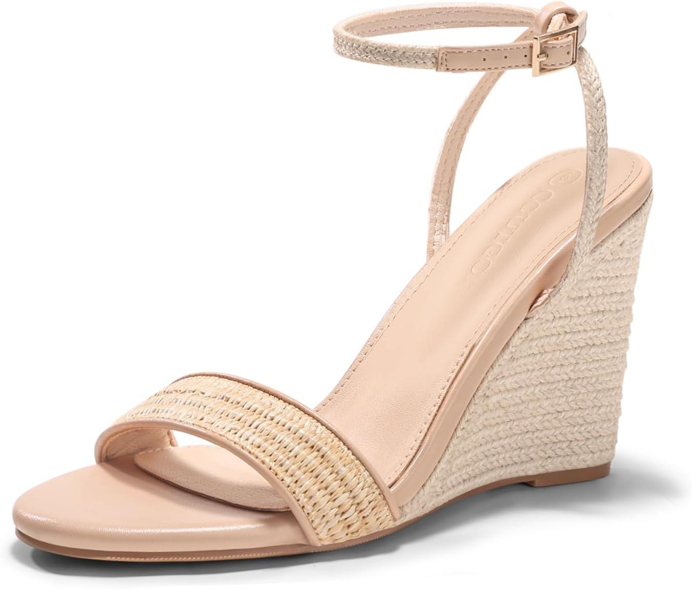 image:imageCoutgo Womens Wedges Heels Sandals Espadrilles Raffia Open Toe Ankle Strap Straw Summer Beach ShoesRaffia Khaki