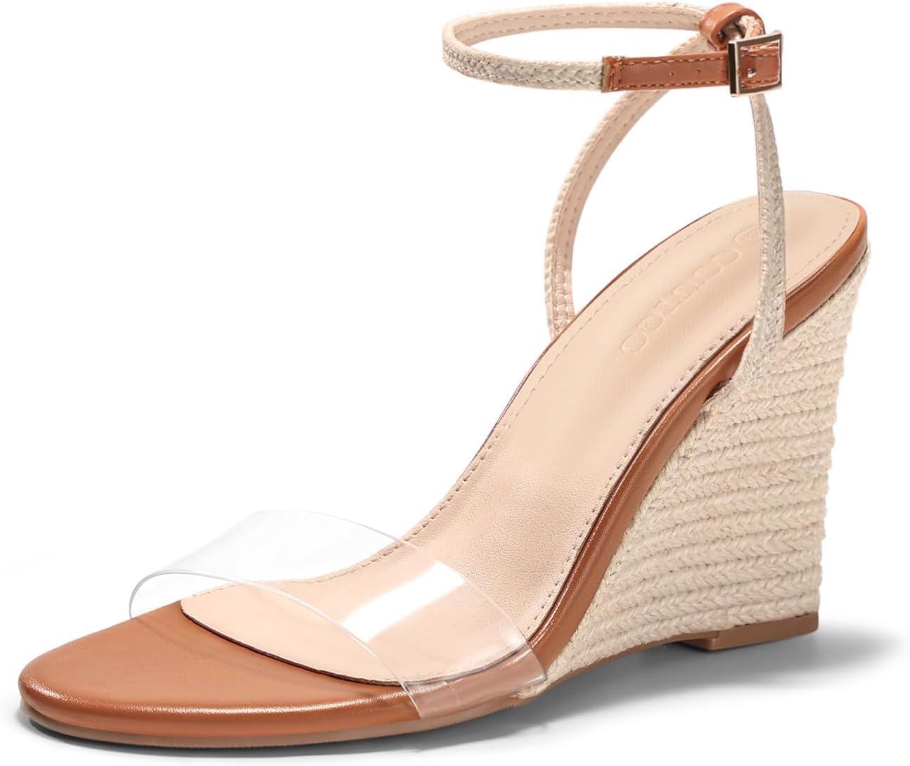 image:imageCoutgo Womens Wedges Heels Sandals Espadrilles Raffia Open Toe Ankle Strap Straw Summer Beach ShoesTransparent