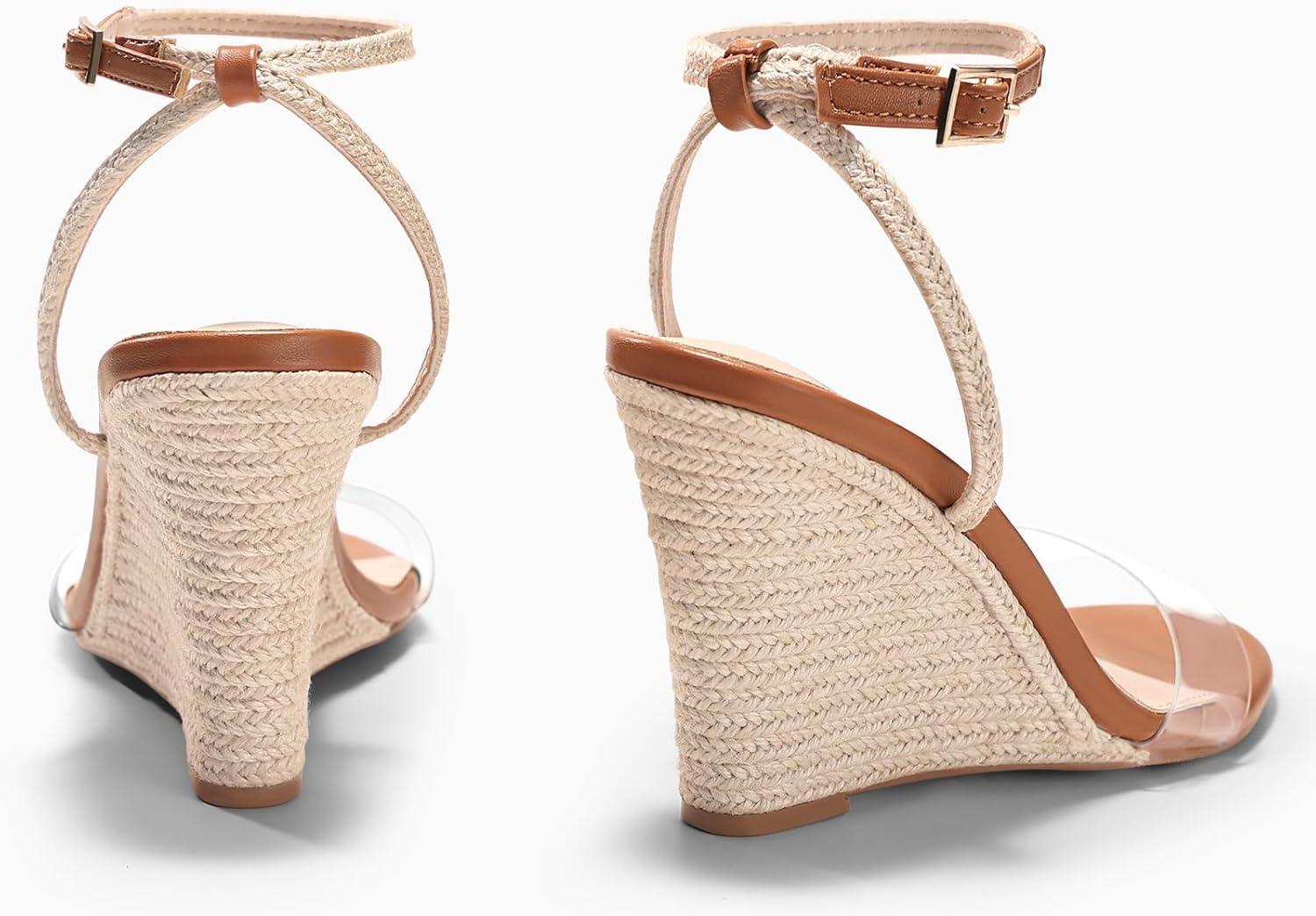 image:imageCoutgo Womens Wedges Heels Sandals Espadrilles Raffia Open Toe Ankle Strap Straw Summer Beach ShoesTransparent