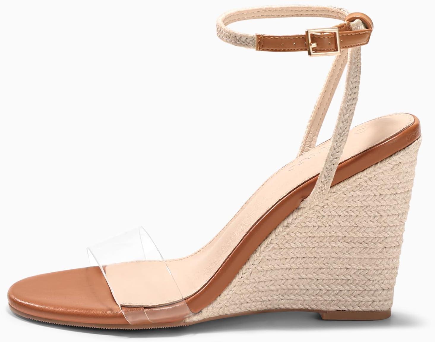 image:imageCoutgo Womens Wedges Heels Sandals Espadrilles Raffia Open Toe Ankle Strap Straw Summer Beach ShoesTransparent