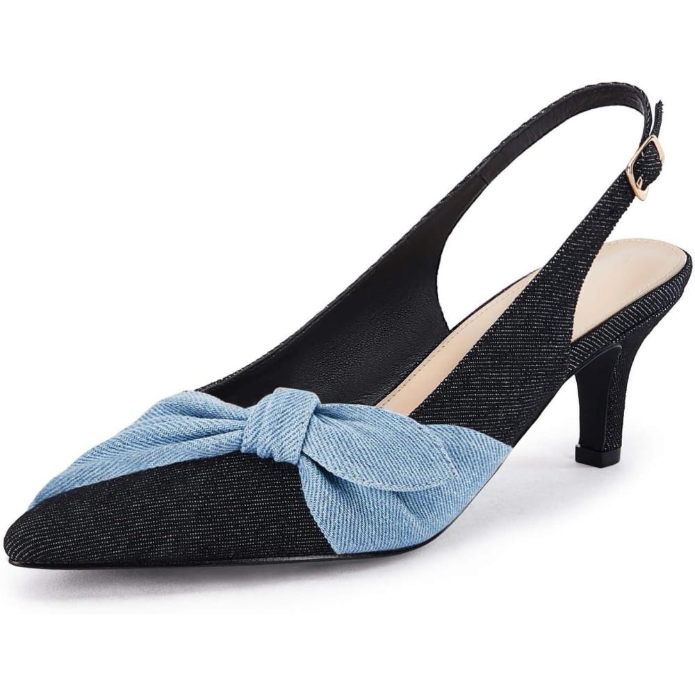 image:imageCoutgo Womens Bow Heels Slingback Pumps Low Kitten Heels Closed Pointed Toe Sandals Denim Dress ShoesBlack