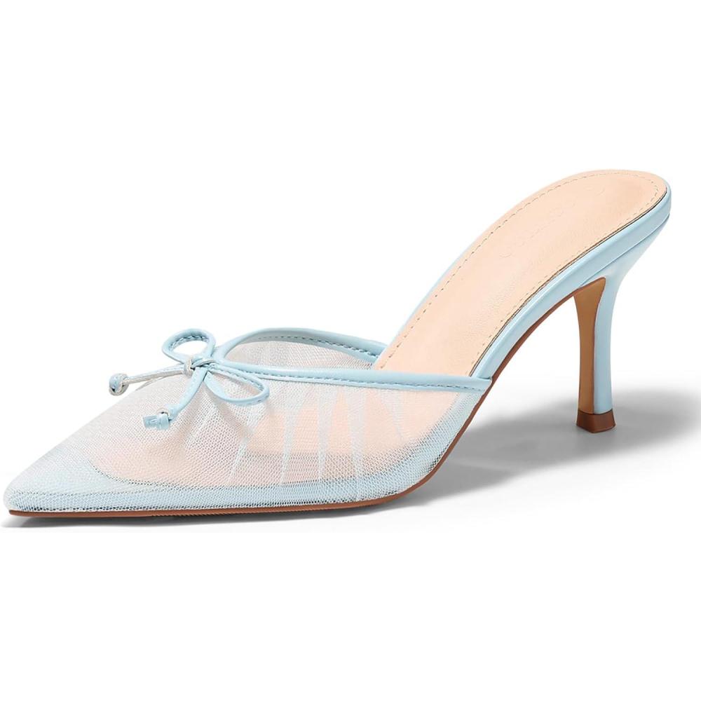 image:imageCoutgo Womens High Heels Mules Bow Closed Pointed Toe Pumps Pleated Slip On Dress ShoesMesh Sky Blue