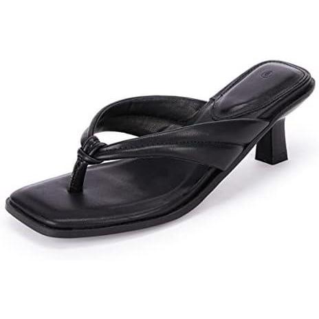image:imageCoutgo Womens Kitten Heel Thong Sandals Flip Flops Slip On Square Open Toe Slippers Low Stacked Heeled MulesBlack