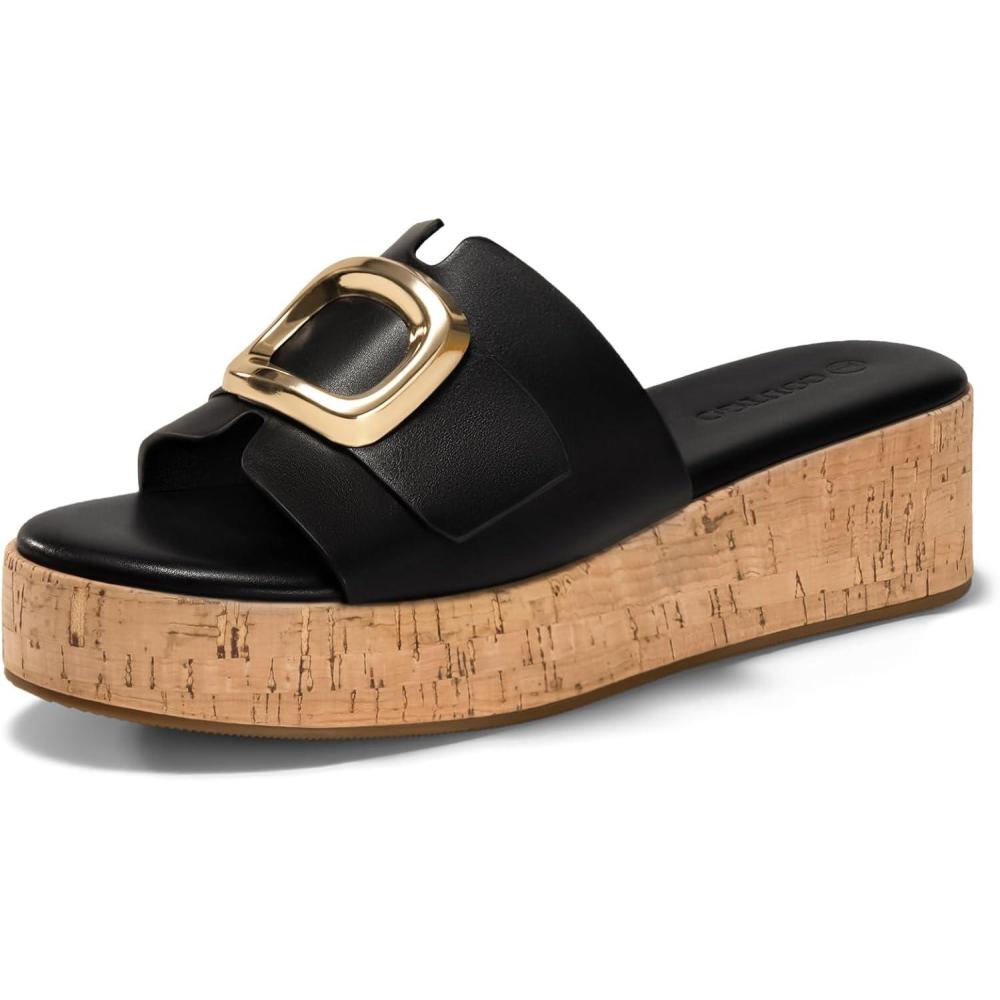 image:imageCoutgo Womens Platform Sandals Cork Beach Slip on Wedges Metal Buckle Slides Open Toe Summer Shoes Black Size 7