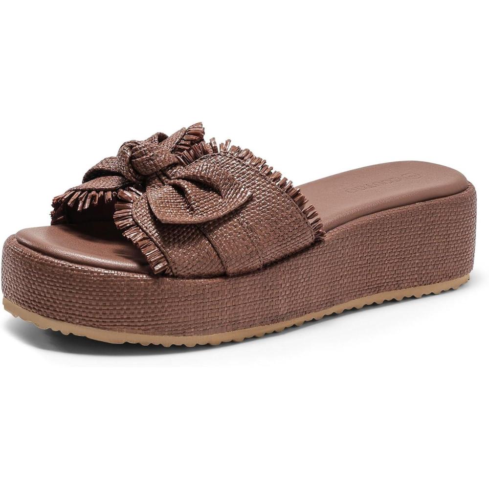 image:imageCoutgo Womens Platform Wedge Sandals Bow Open Toe Slide Sandals Straw Slip On Summer Beach ShoesBrown