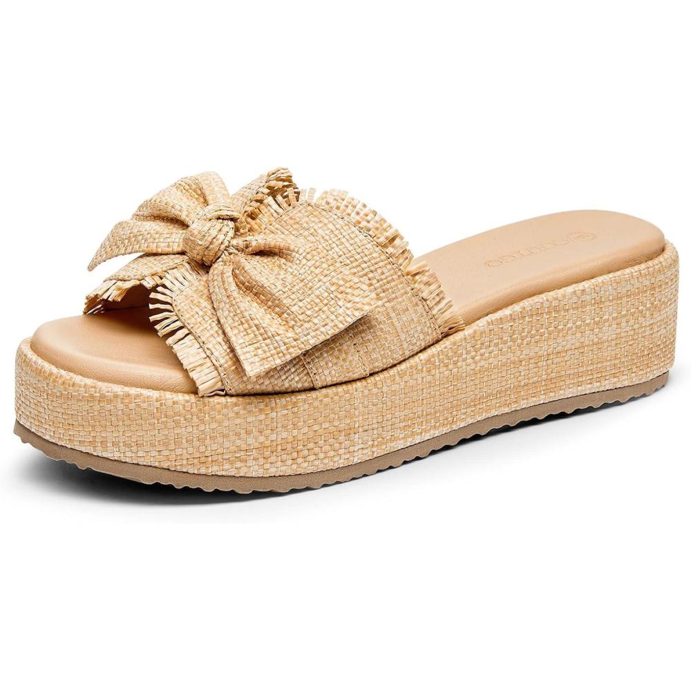 image:imageCoutgo Womens Platform Wedge Sandals Bow Open Toe Slide Sandals Straw Slip On Summer Beach ShoesDark Khaki