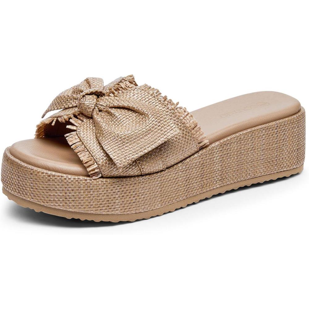 image:imageCoutgo Womens Platform Wedge Sandals Bow Open Toe Slide Sandals Straw Slip On Summer Beach ShoesLight Coffee