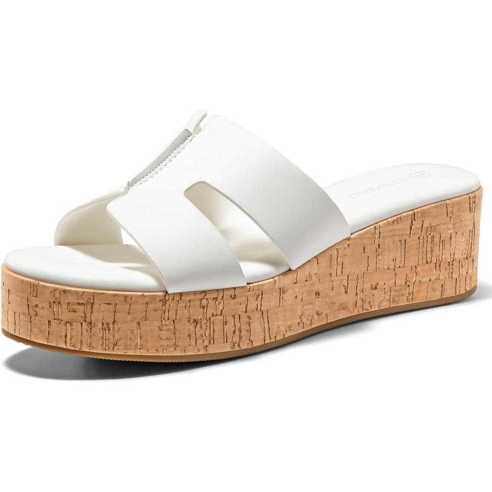 image:imageCoutgo Womens Platform Wedge Sandals Open Toe Slip On Slides Cork Heeled Cutout Comfortable Summer Shoes White Size 75