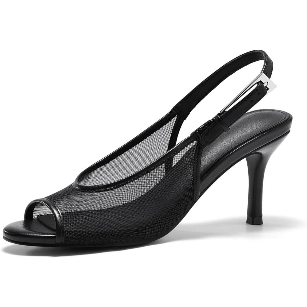 image:imageCoutgo Womens Slingback High Heels Open Peep Toe Mesh Sandals Buckle Wedding Party Dress ShoesBlack