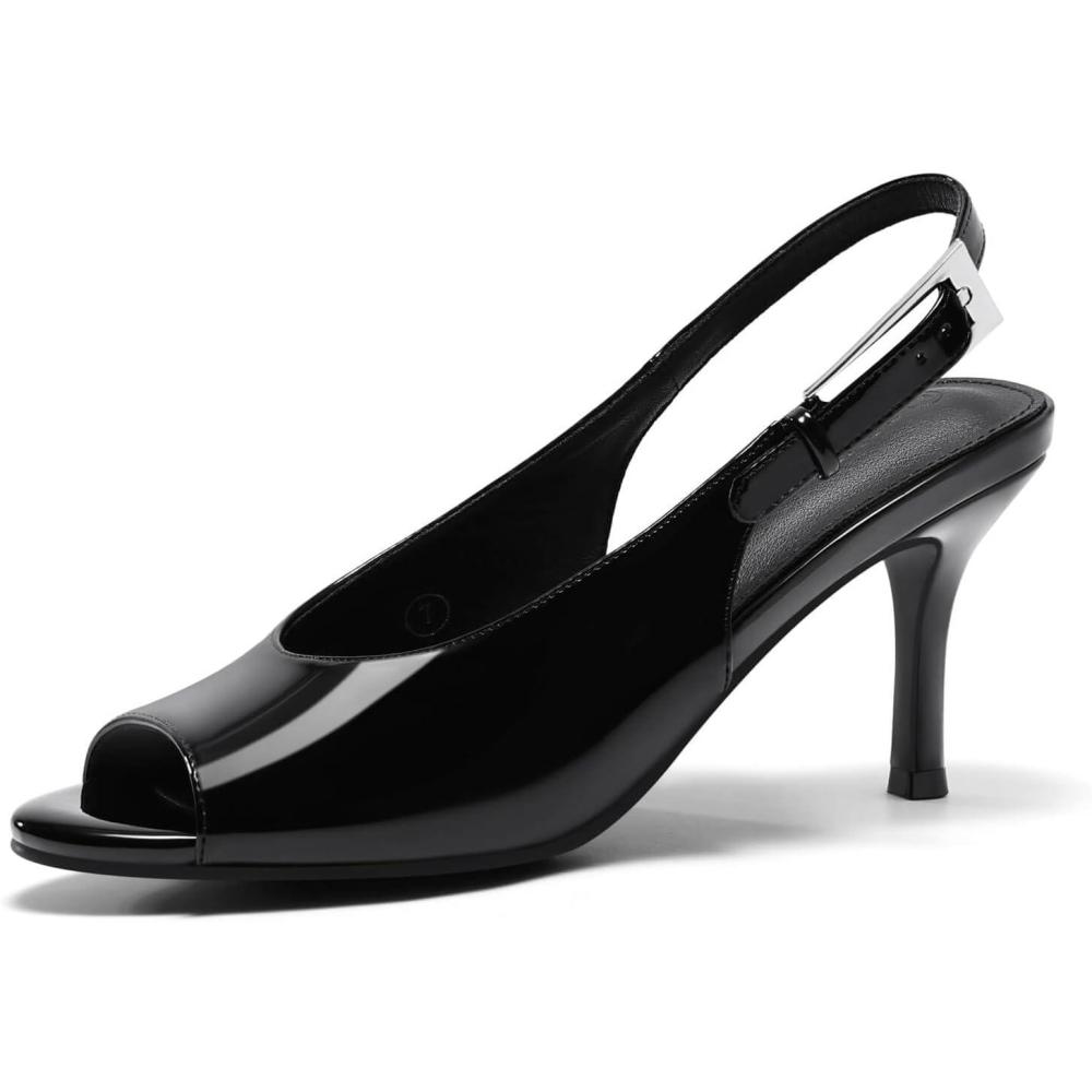 image:imageCoutgo Womens Slingback High Heels Open Peep Toe Mesh Sandals Buckle Wedding Party Dress ShoesBlack Patent Leather