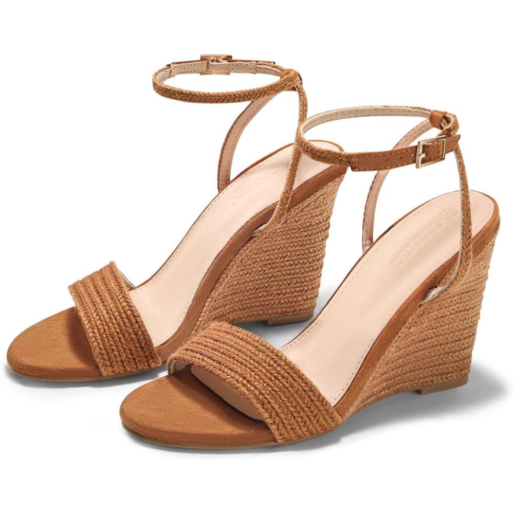 image:imageCoutgo Womens Wedges Heels Sandals Espadrilles Raffia Open Toe Ankle Strap Straw Summer Beach ShoesBraided Brown